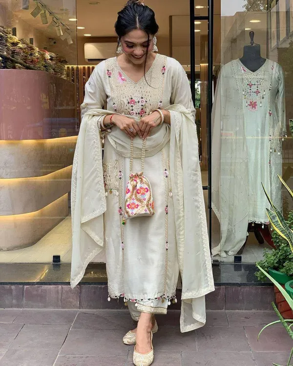 White_Rayon_Embroidered_&_Sequence_Work_Kurta_Pant_&_Dupatta_For_Women