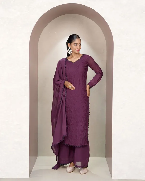 Wine_Georgette_Chikankari_embroidery_3_pcs_suit_For_Women