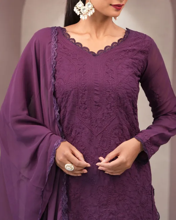 Wine_Georgette_Chikankari_embroidery_3_pcs_suit_For_Women