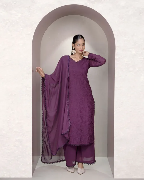 Wine_Georgette_Chikankari_embroidery_3_pcs_suit_For_Women