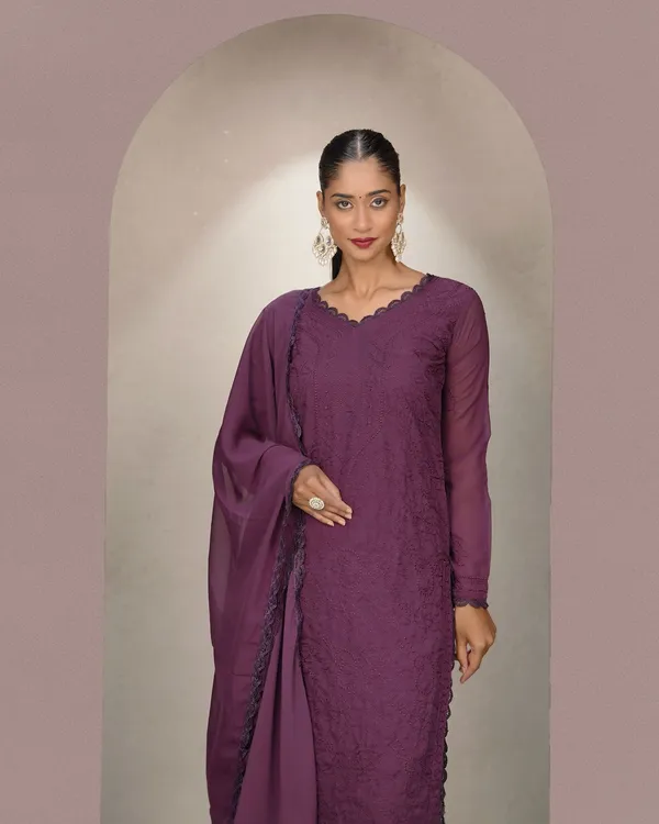 Wine_Georgette_Chikankari_embroidery_3_pcs_suit_For_Women