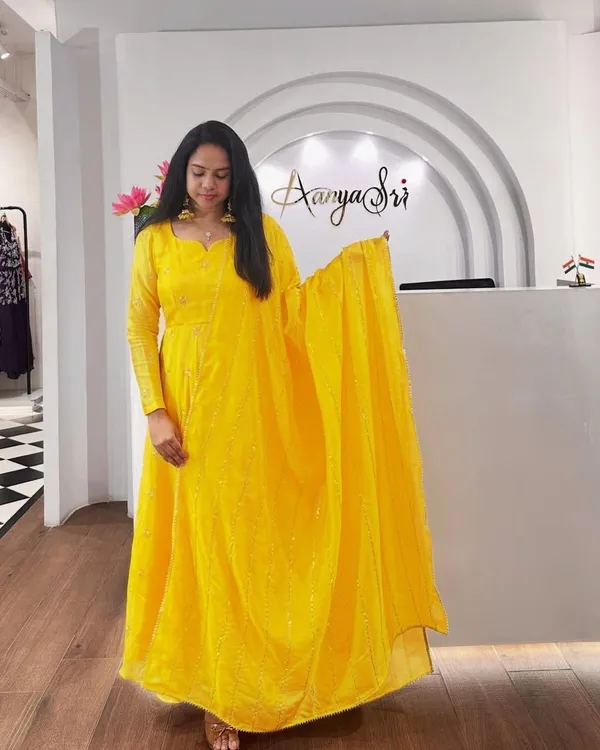 Yellow_Chinon_Anarkali-style_kurti_and_dupatta_For_Women