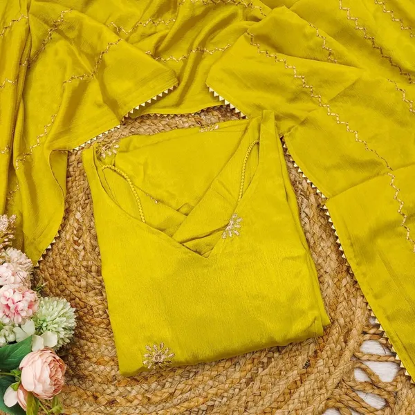 Yellow_Chinon_Anarkali-style_kurti_and_dupatta_For_Women