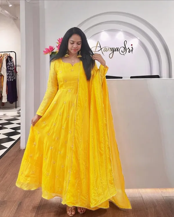 Yellow_Chinon_Anarkali-style_kurti_and_dupatta_For_Women