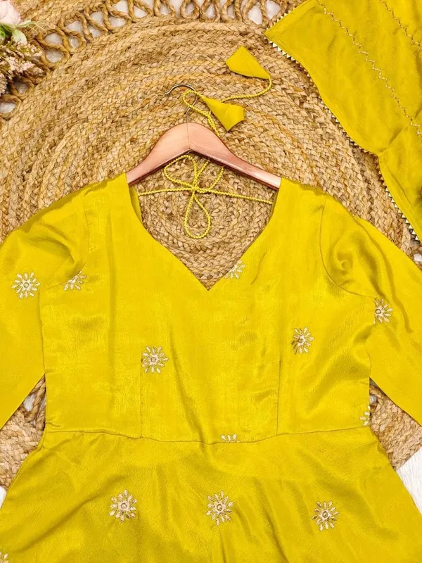 Yellow_Chinon_Anarkali-style_kurti_and_dupatta_For_Women