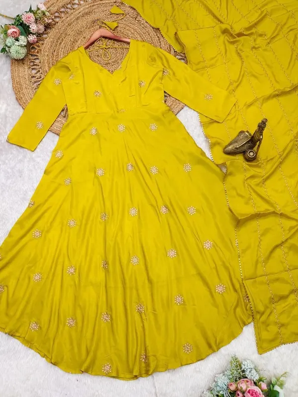 Yellow_Chinon_Anarkali-style_kurti_and_dupatta_For_Women