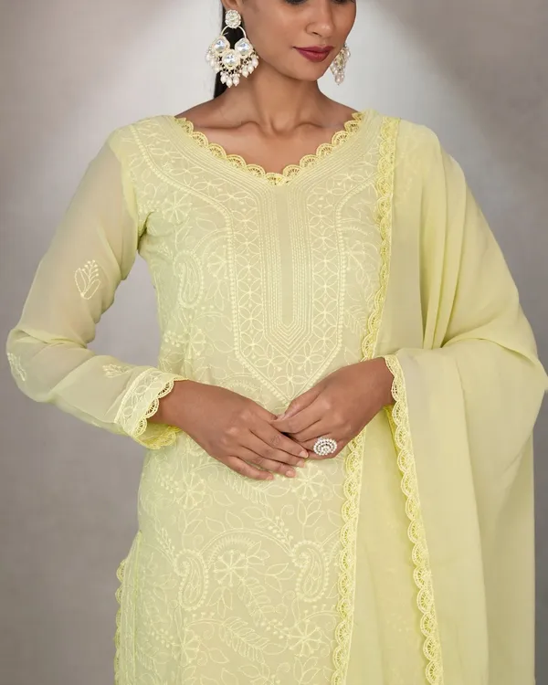 Yellow_Georgette_Chikankari_embroidery_3_pcs_suit_For_Women