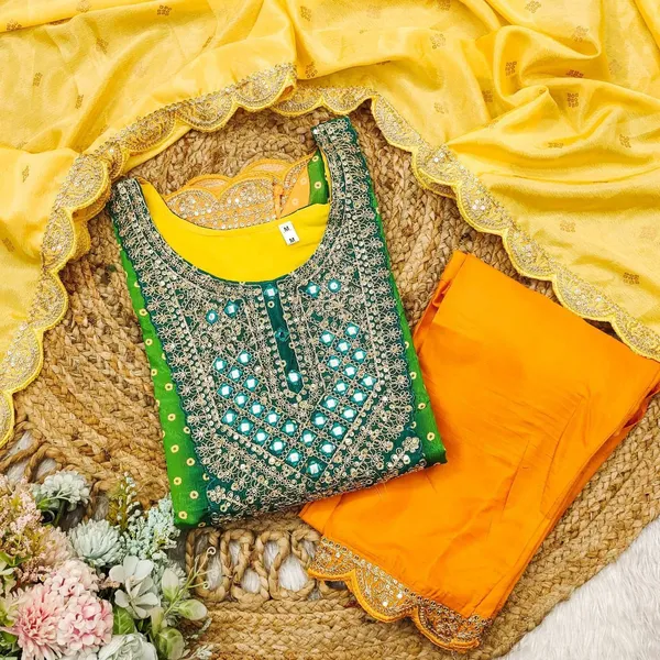 Yellow_Multicoloured_Chinon_print_with_mirror_work_kurta_set