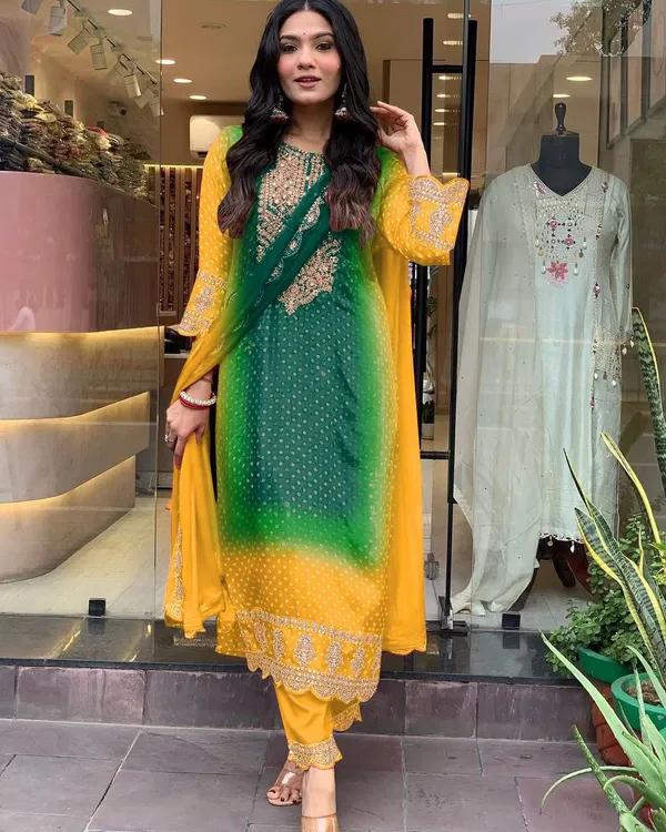 Yellow_Multicoloured_Chinon_print_with_mirror_work_kurta_set