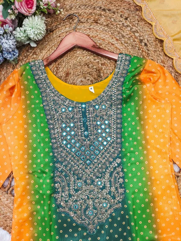Yellow_Multicoloured_Chinon_print_with_mirror_work_kurta_set