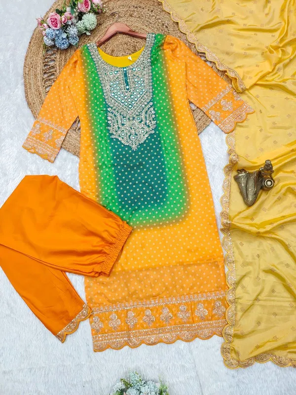 Yellow_Multicoloured_Chinon_print_with_mirror_work_kurta_set