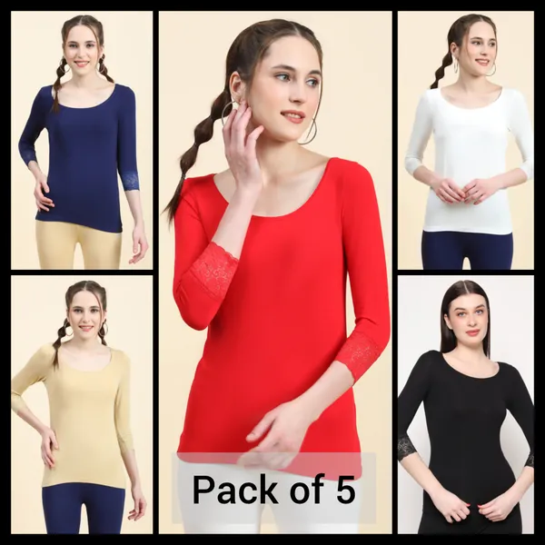 Multicolor_3/4Th_Sleeve_T-Shirts_With_Lace_For_Women_Pack_Of_5