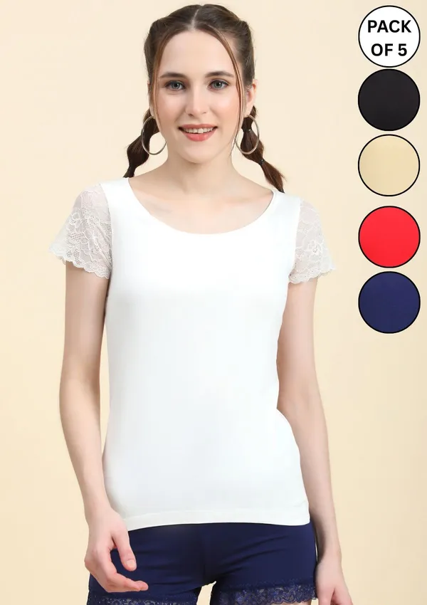 Multicolor_3/4Th_Sleeve_T-Shirts_With_Lace_For_Women_Pack_Of_5