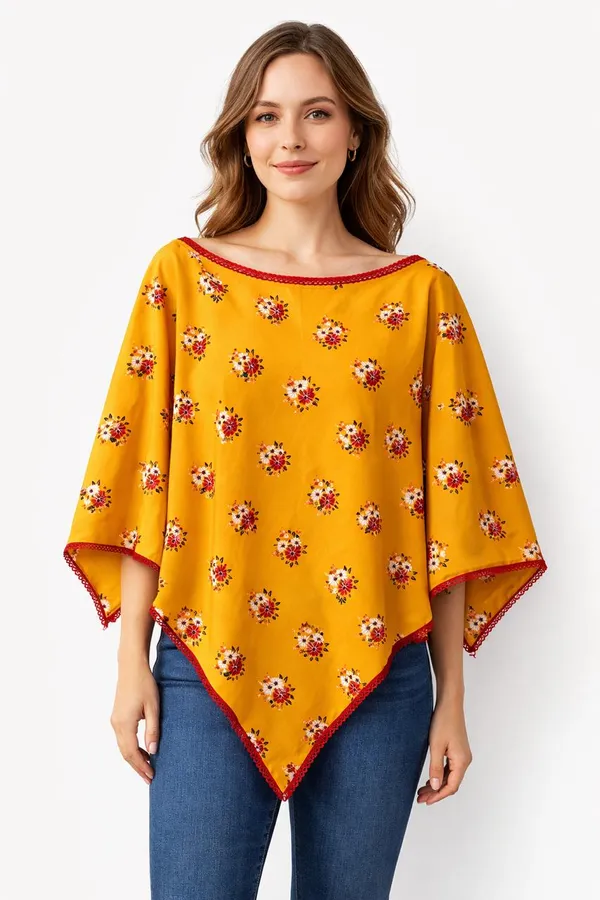 Mustard_&_Red_Floral_Poncho_Single_For_Kids