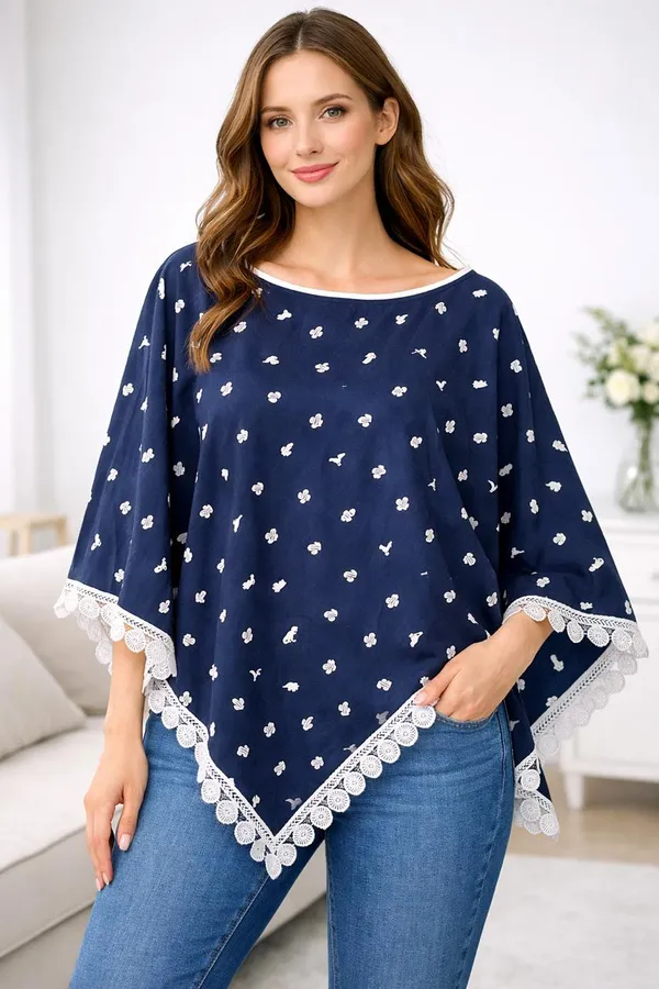 Navy_blue&white_cactus_Poncho_Single_For_Kids