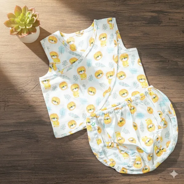 Yellow_Elegant_Cotton_Lion_Pattern_Jhabla_Set_For_Kids