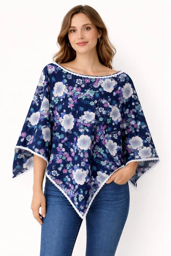 Navy_Blue_Multi_Floral_Poncho_Single_For_Kids