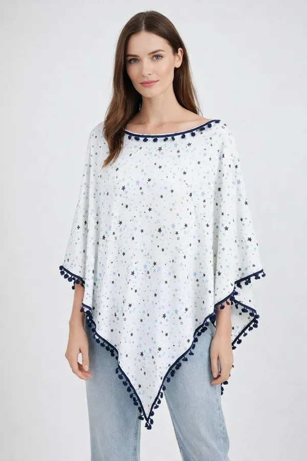 White_&_Navy_Blue_Stars_Poncho_Single_For_Kids