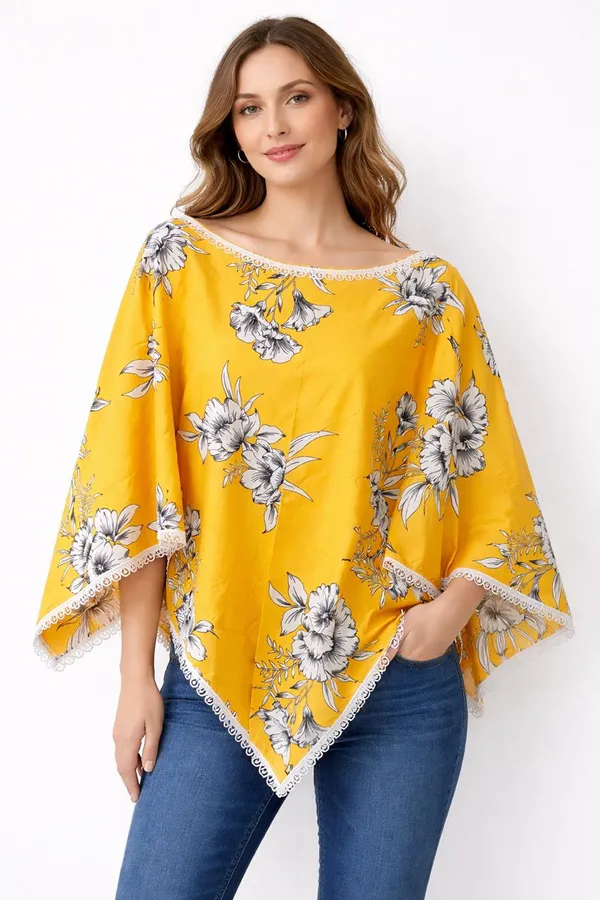 Yellow_&_White_Floral_Poncho_Single_For_Kids