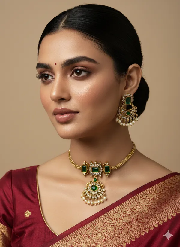 Kerala_Style_Floral_Design_With_Green_CZ