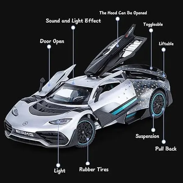 Silver_Black_Alloy_Mercedes_Amg_1:24_Scale_Diecast_Metal_Car_Color_Black_Silver_Doors,Back_Hood_Openable_With_Led_Lights,Music(Engine_Sound),_Pull_Back(Mercedes_Amg_1:24)