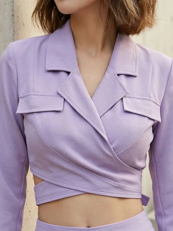 Lavender_Shirt_Collar_Waist_Tie-Up_Wrap_Crop_Top_For_Women