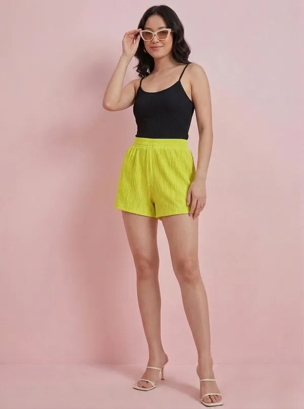 Lime_Green_Textured_Mid_Rise_Shorts_For_Women