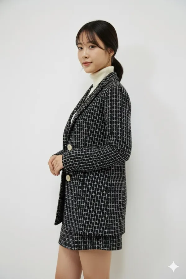 Black_Premium_Tweed_Checked_Blazer_With_Skirt_For_Women