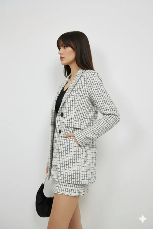 White_Premium_Tweed_Checked_Blazer_With_Skirt_For_Women