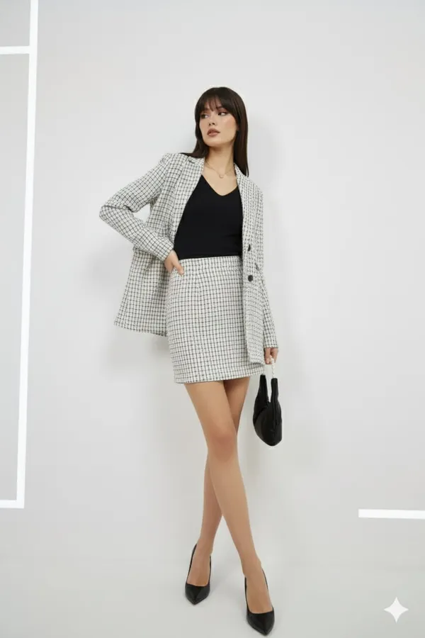 White_Premium_Tweed_Checked_Blazer_With_Skirt_For_Women