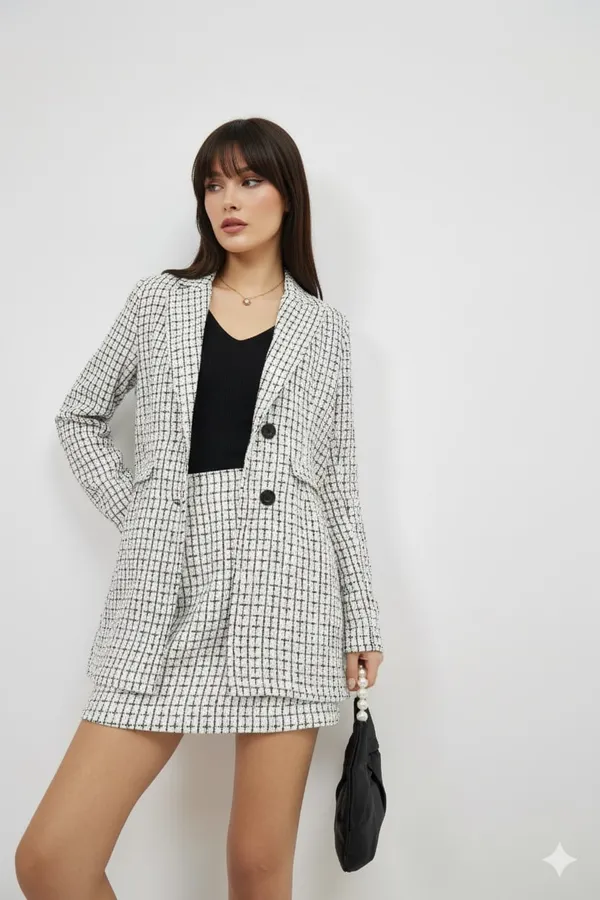 White_Premium_Tweed_Checked_Blazer_With_Skirt_For_Women