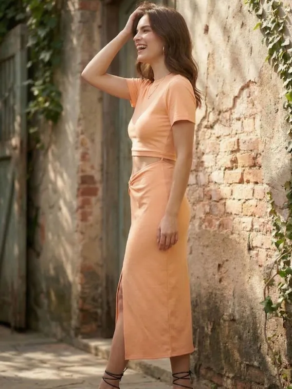 Peach-Coloured_Round_Neck_Short_Sleeves_Cut-Outs_Sheath_Midi_Dress_For_Women