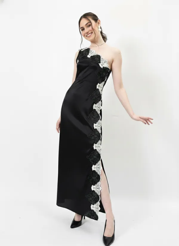 Black_One_Shoulder_Embroidered_Tie-Up_Satin_Dress