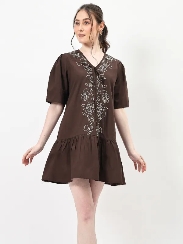 Brown_Pure_Cotton_Embroidered_Dress