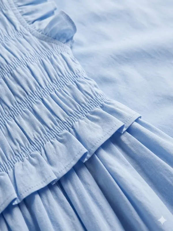 Blue_V_Neck_Cotton_Smocked_Dress