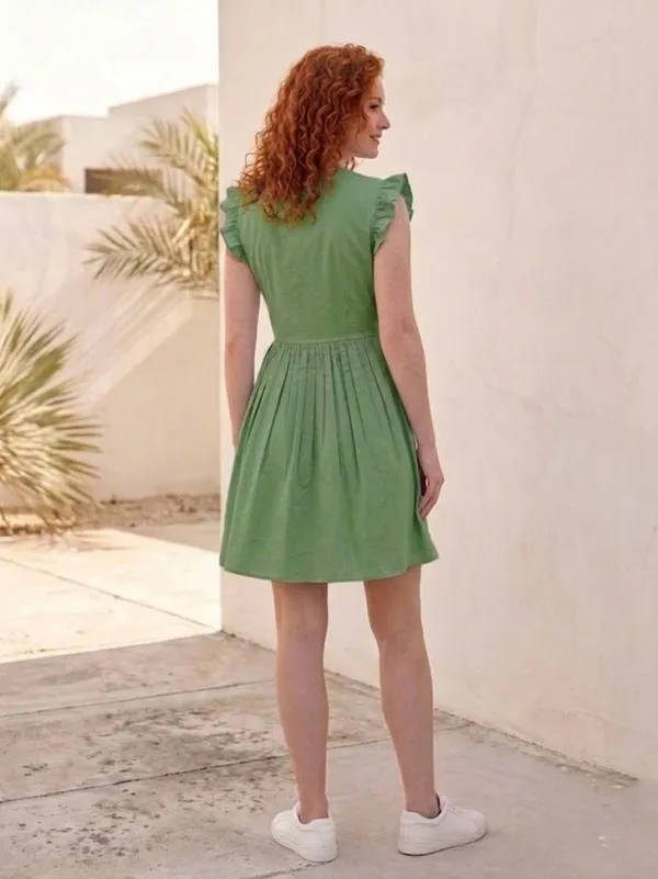 Green_V_Neck_Cotton_Smocked_Dress