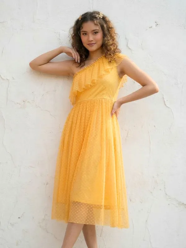 Yellow_Bright_Solid_One-Shoulder_Dress_For_Women