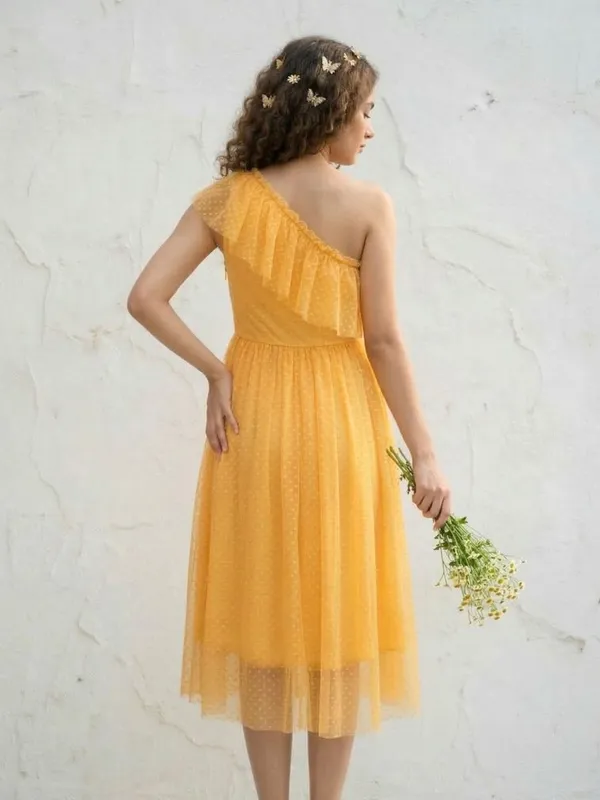 Yellow_Bright_Solid_One-Shoulder_Dress_For_Women