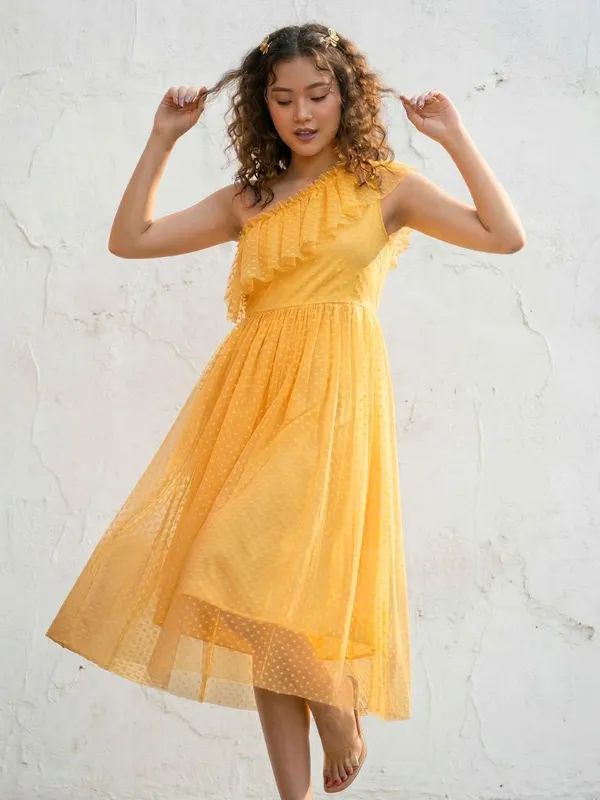 Yellow_Bright_Solid_One-Shoulder_Dress_For_Women