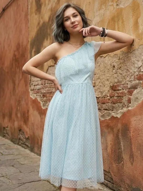 Blue_Stunning_Solid_One-Shoulder_Dress_For_Women