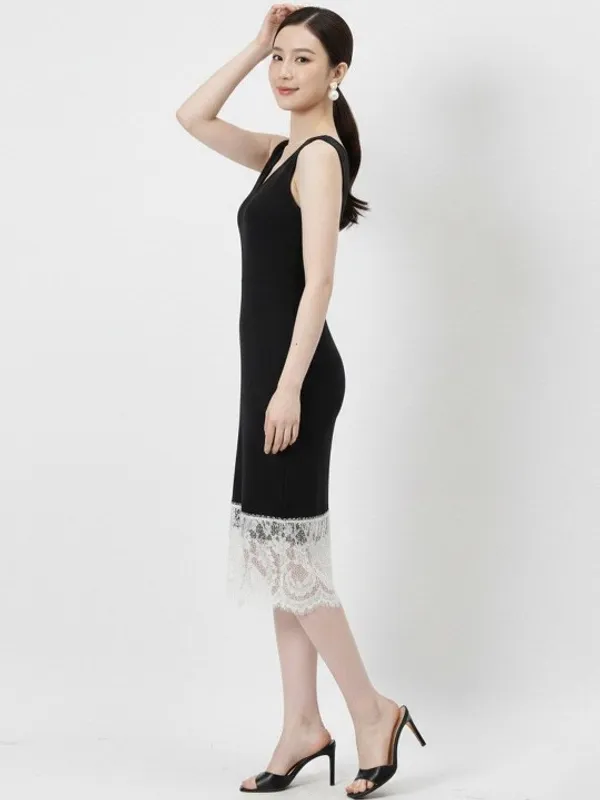 Black_V-Neck_Lace_Bodycon_Midi_Dress_For_Women