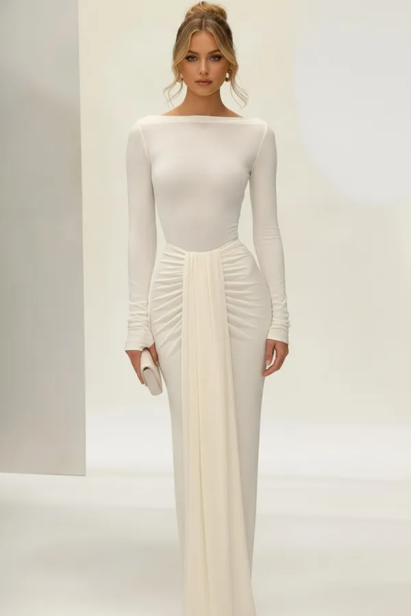 White_Premium_Draped_Solid_Maxi_Dress_For_Women