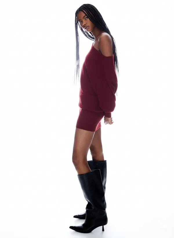 Burgundy_Premium_Off-Shoulder_Sweater_Dress_For_Women