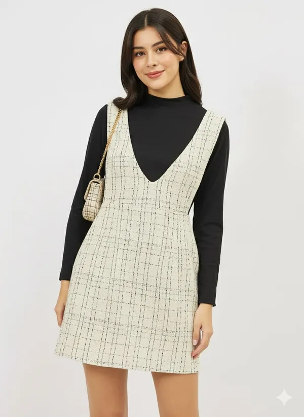 Beige_Premium_Tweed_Checked_Mini_Dress_For_Women