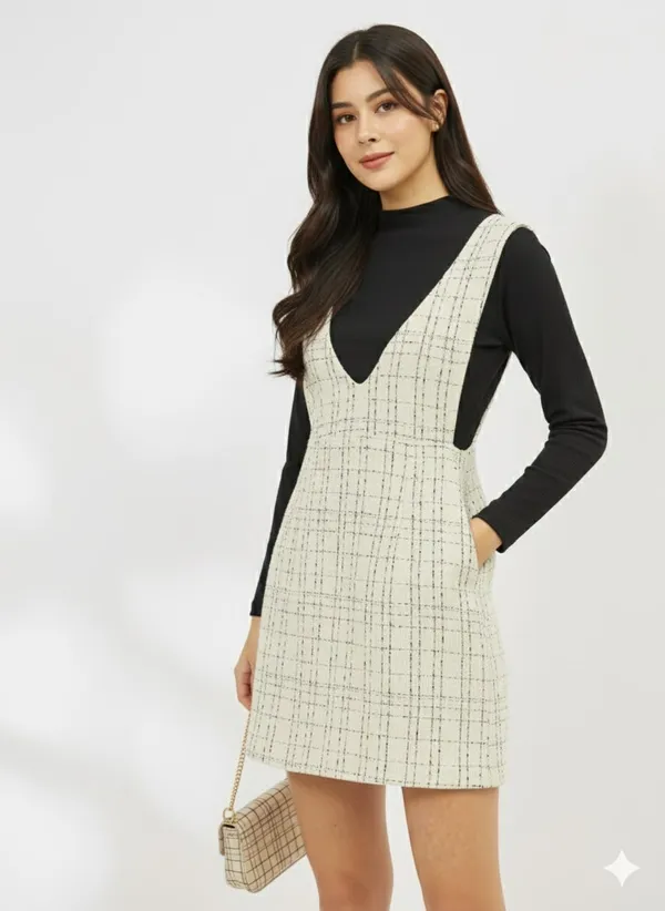 Beige_Premium_Tweed_Checked_Mini_Dress_For_Women