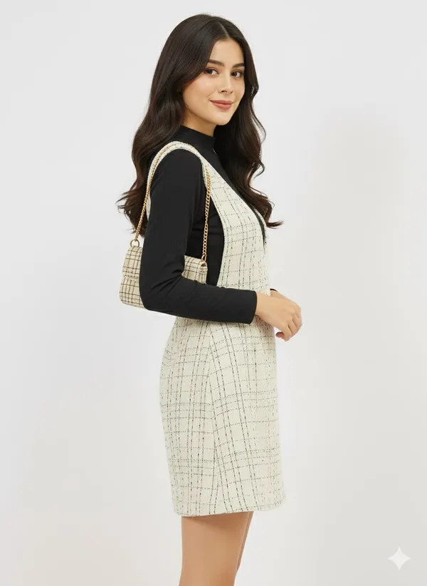 Beige_Premium_Tweed_Checked_Mini_Dress_For_Women