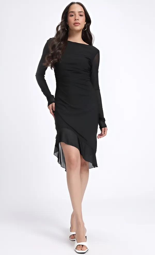 Black_Premium_Ruffled_&_Ruched_Sheath_Dress_For_Women