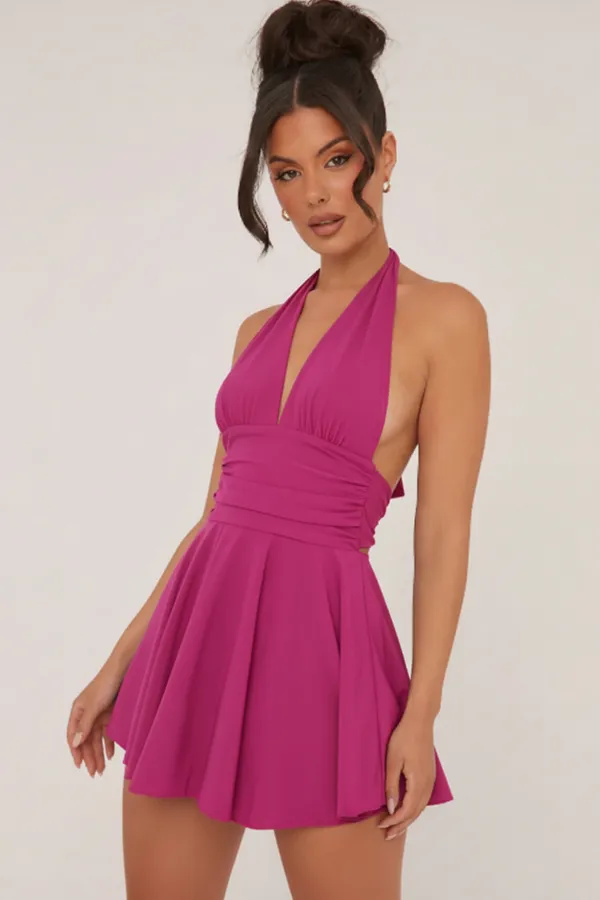 Fuchsia_Premium_Halter_Neck_Short_Dress_For_Women