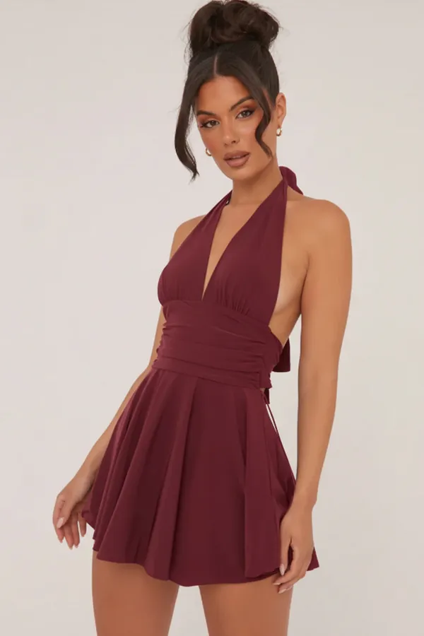 Maroon_Premium_Halter_Neck_Short_Dress_For_Women