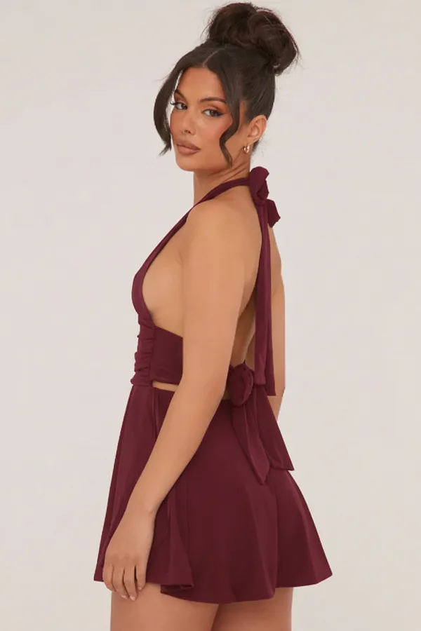 Maroon_Premium_Halter_Neck_Short_Dress_For_Women